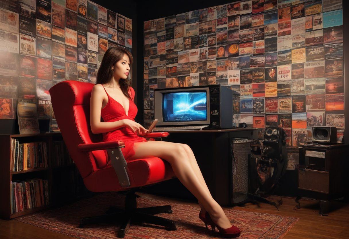 A dynamic collage featuring multiple scenes from high definition JAV productions, showcasing various genres and vibrant performances. Include elements like a film reel, a director's chair, and a laptop displaying streaming reviews, all surrounded by colorful sound waves and entertainment icons. Create a visually striking composition that captures the essence of modern adult entertainment culture. super-realistic. vibrant colors. cinematic lighting.