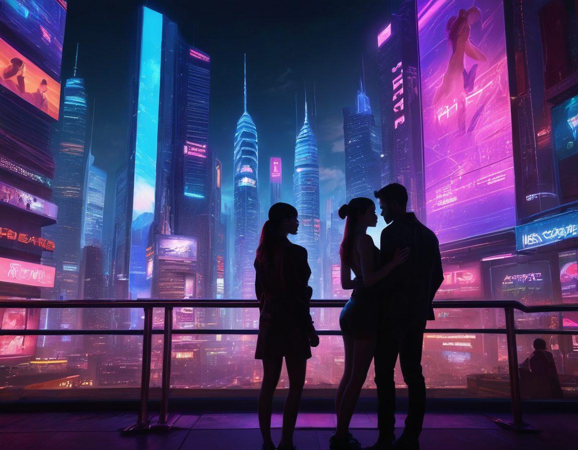 A futuristic city skyline at dusk, blended with digital screens showcasing vibrant HD adult content previews. Integrate silhouettes of diverse couples engaging in affectionate gestures, surrounded by neon lights and advanced technology motifs. Emphasize trends in adult entertainment with holographic displays of graphs and statistics. Reflect a sense of innovation and evolution in intimacy. cyberpunk. vibrant colors. super-realistic.